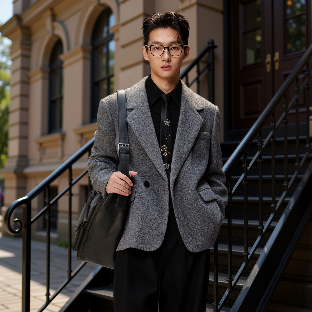 w2x高级感冬季毛呢大衣百搭新款加厚男装西服外套双面呢西装男士