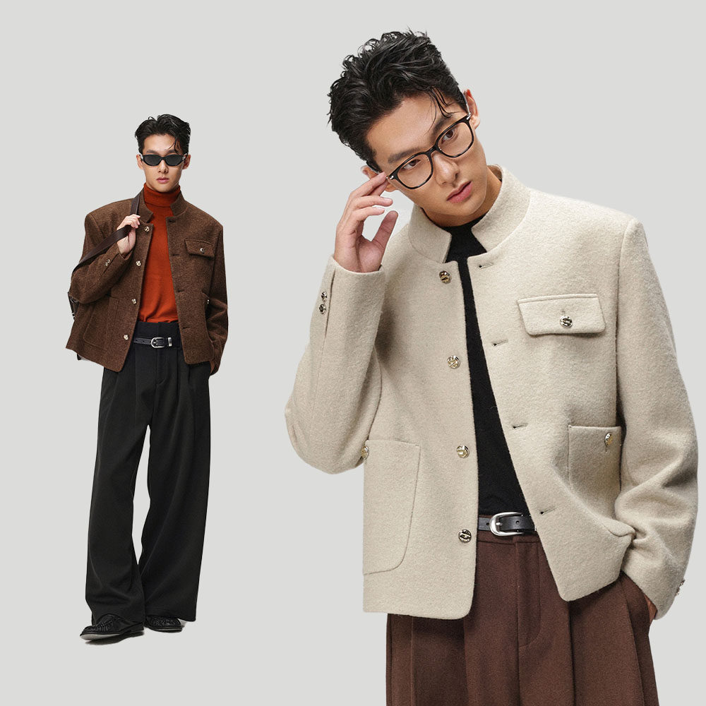 w2x羊驼毛青年夹克男士秋冬季加厚羊毛呢冬装短款保暖呢子外套男