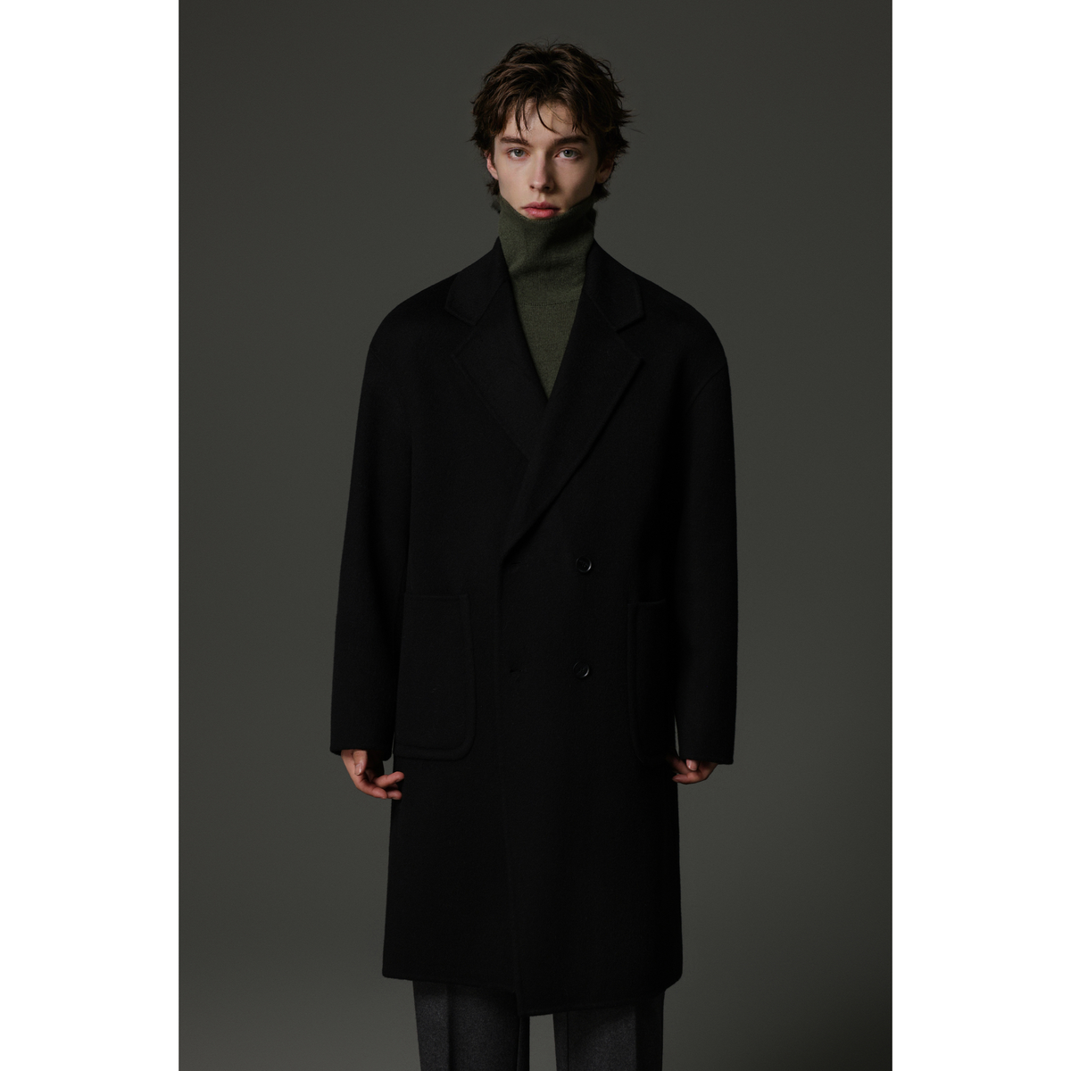 w2x纯色简约全羊毛呢大衣秋冬季男士风衣过膝男装加厚双面呢外套