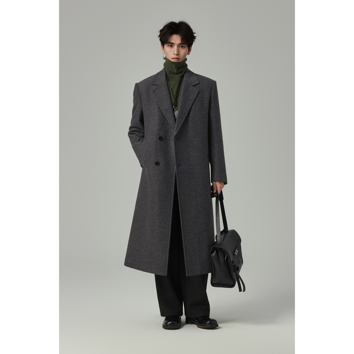 w2x2025秋冬季平驳领毛呢大衣加厚风衣过膝男士外套商务西装高端