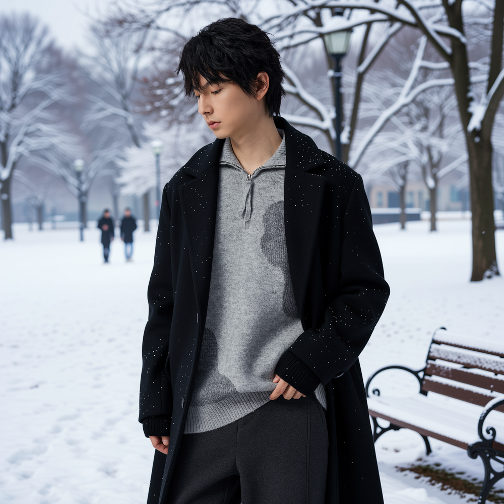 w2x拼色针织衫男毛呢加厚打底内搭上衣秋冬季拉链款毛衣外套冬装