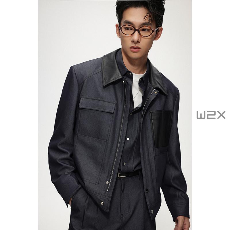 拼接PU皮多袋款仿牛仔夹克外套