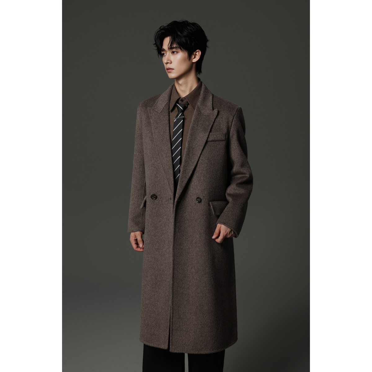 w2x冬季男装西装领大衣 长款纯毛风衣外套 濮院双面呢子男士新款
