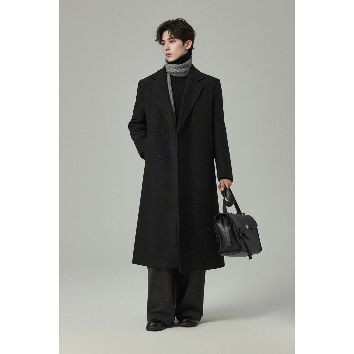 w2x秋冬季韩版毛呢大衣双面呢新款男士西装中长款外套风衣男加厚