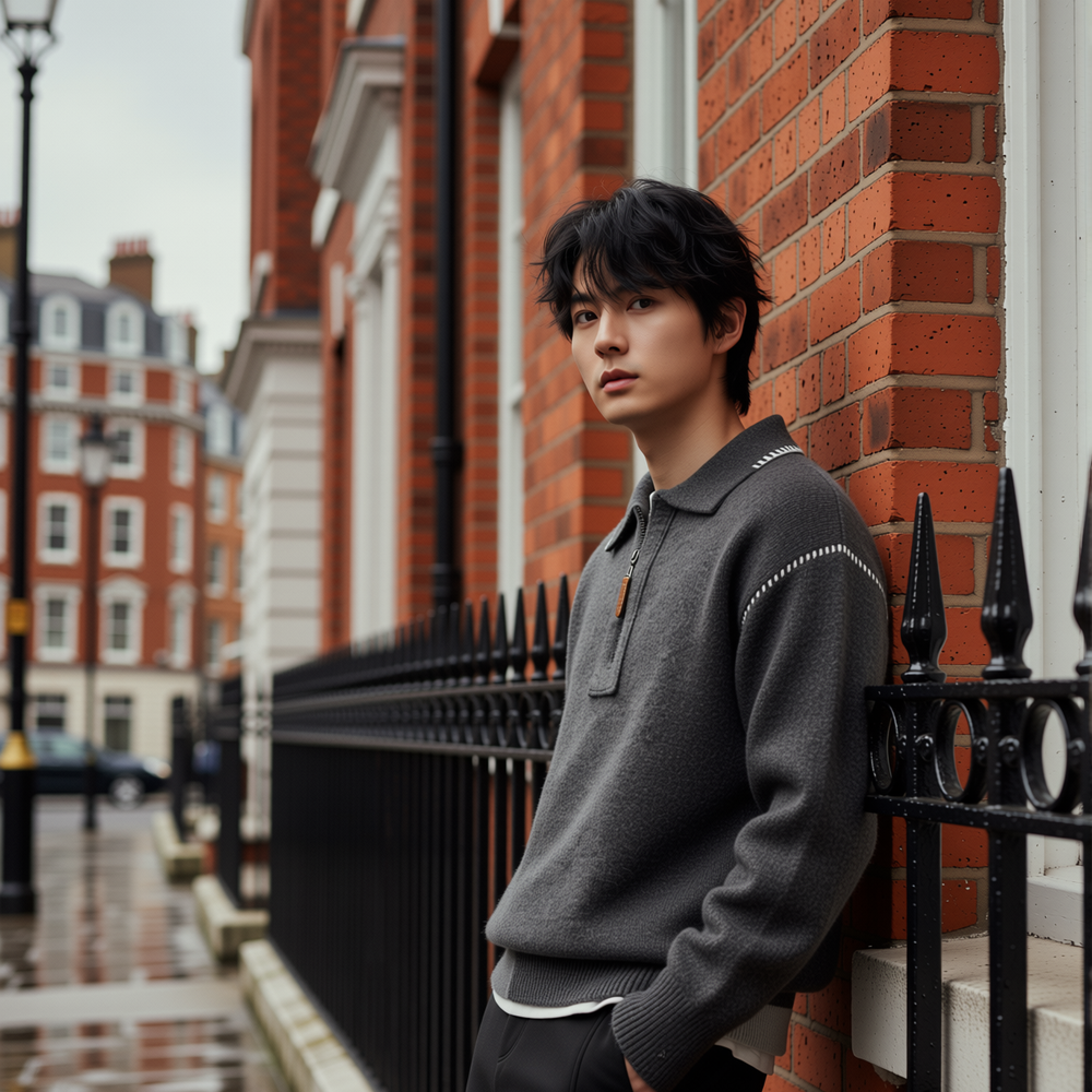 w2x羊毛针织衫撞色设计感假两件秋冬季男士加厚毛衣半拉链内搭潮