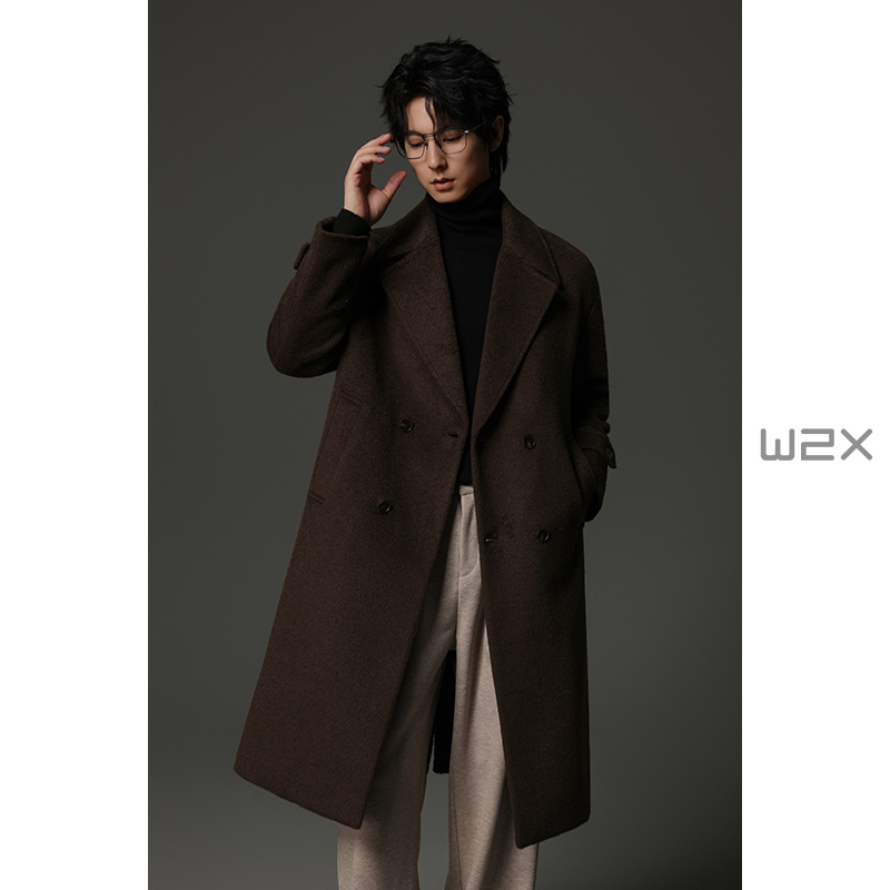 颗粒感双排扣羊毛呢子大衣中长款