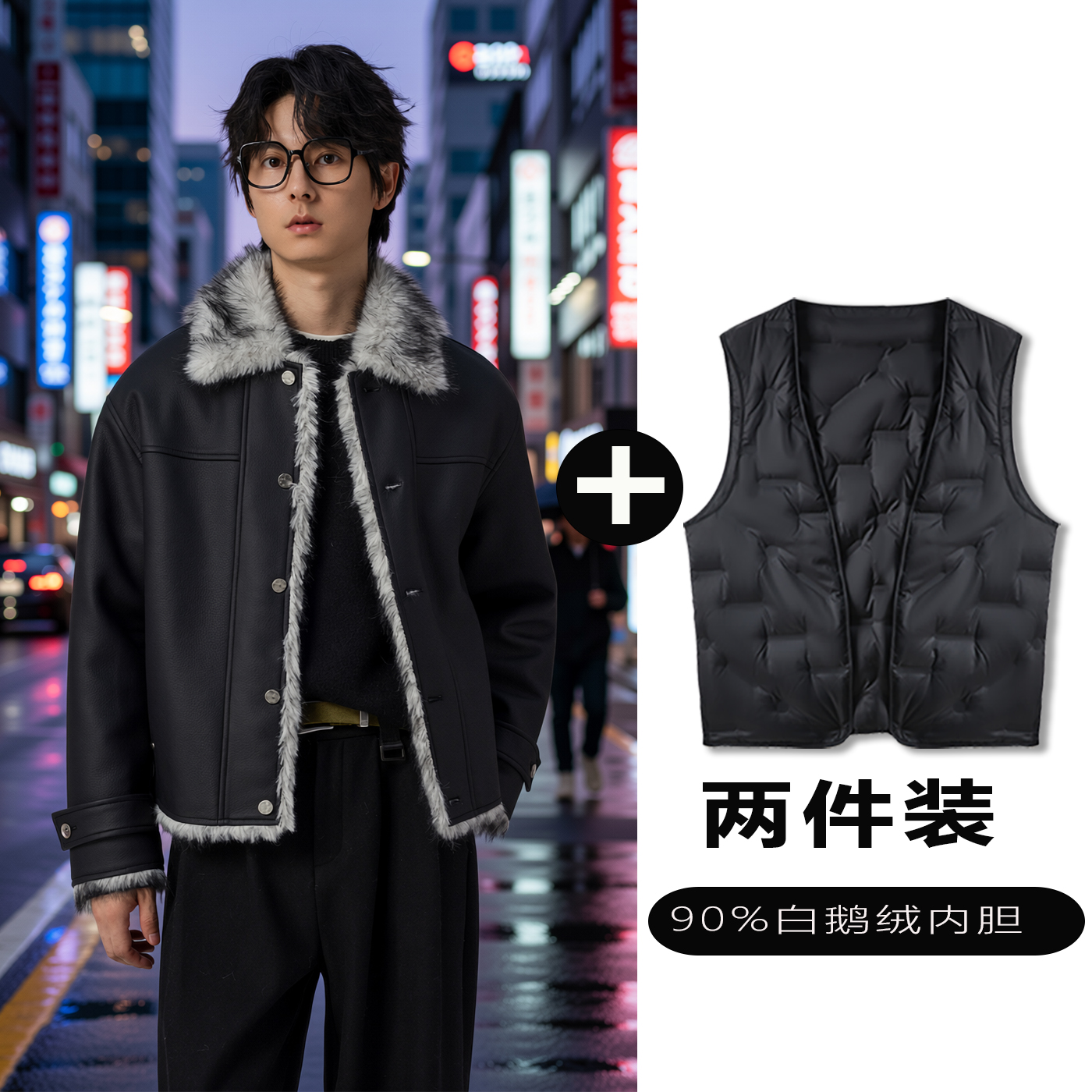 w2xPU皮夹克可选90白鹅羽绒服内胆秋冬加厚款时尚通勤休闲外套男