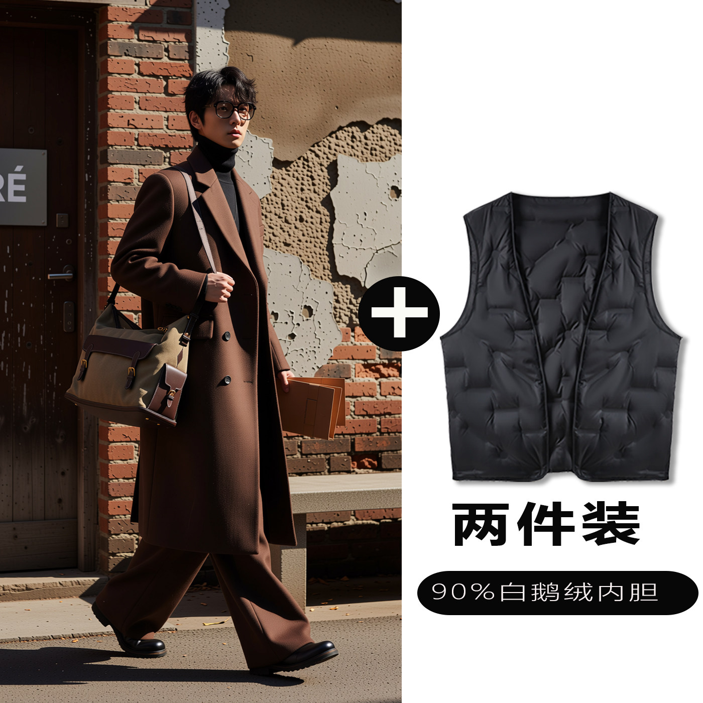 w2x毛呢大衣可选90白鹅羽绒服内胆时尚潮流双排扣风衣外套男厚款