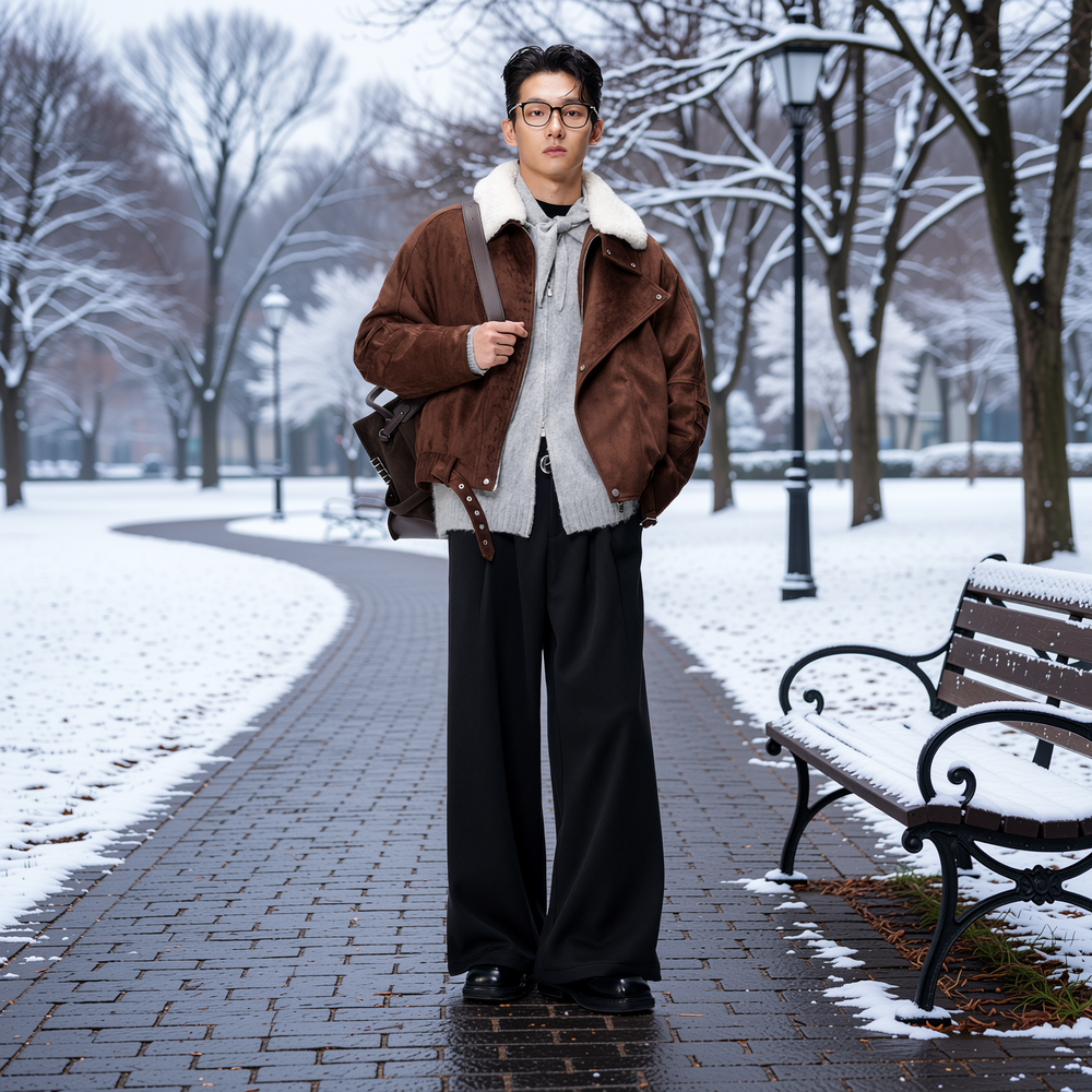 w2x轻薄麂皮绒外套仿羊羔毛领冬季短款翻领冬装棉服夹克男装加厚