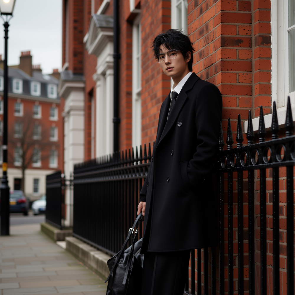 w2x黑色羊毛呢大衣秋冬季新款男士加厚宽松西装领外套过膝风衣男