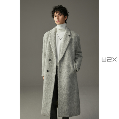 重磅加厚水波纹长款绵羊毛大衣男
