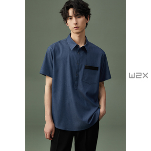 衬衫 w2x夏季 薄款 牛仔短袖 拼接设计感polo领衬衣设计感寸衣 男时尚