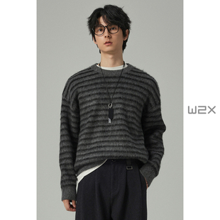 w2x2025冬季新款圆领拼接条纹针织衫男宽松套头加厚毛线衣内搭潮