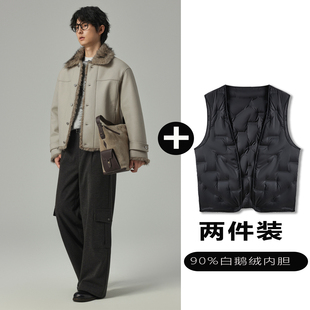 w2xPU皮夹克可选90白鹅羽绒服内胆秋冬加厚保暖高级感痞帅外套男