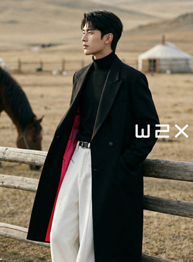 w2xw2x冬季加厚黑红拼色毛呢大衣男中长款外套设计感青年呢子上衣