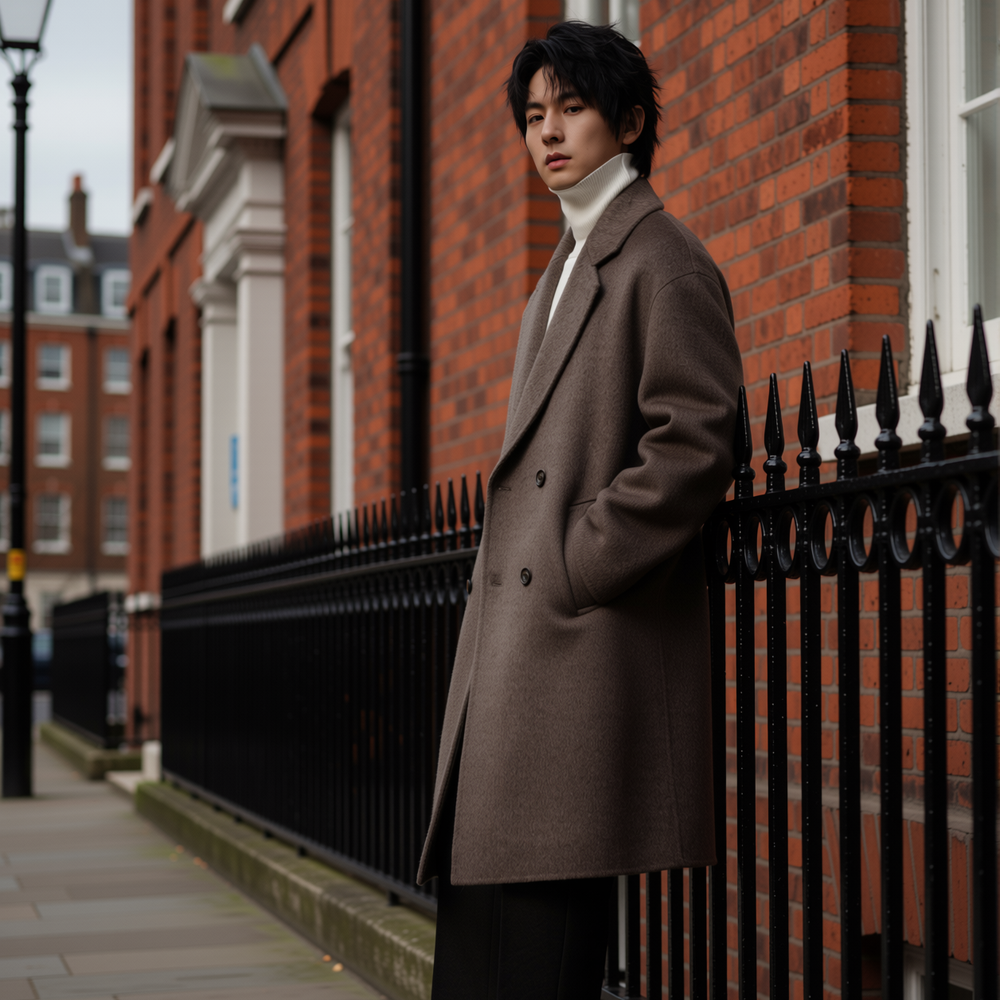 w2x美拉德纯羊毛大衣男秋冬季加厚风衣中长款男装保暖外套双面呢