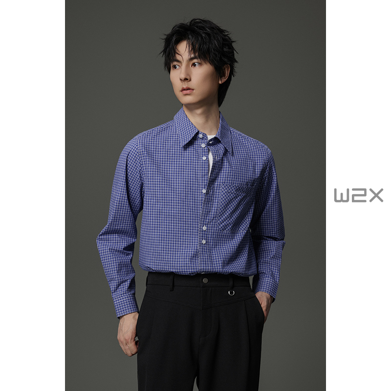 棉格纹长袖衬衫男高级感痞帅衬衣