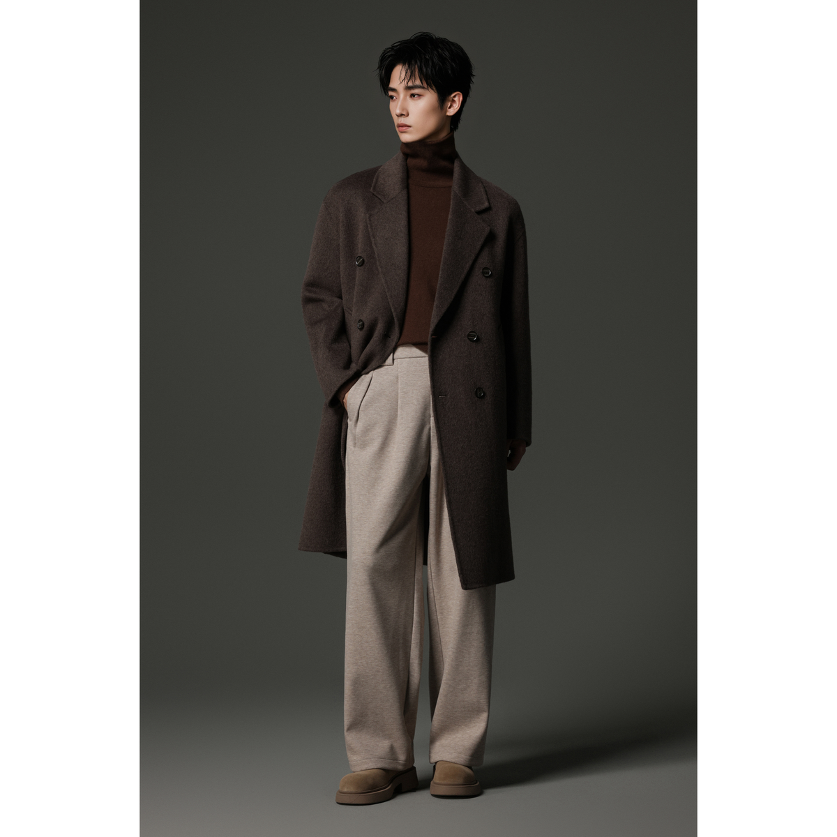 w2x秋冬季男士韩版宽松双面羊毛呢子大衣西装外套加厚风衣中长款