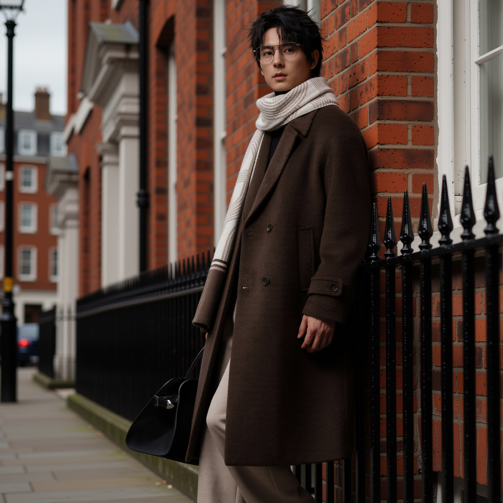 w2x韩系休闲羊毛呢大衣秋冬季新款男士加厚风衣中长款双面呢外套