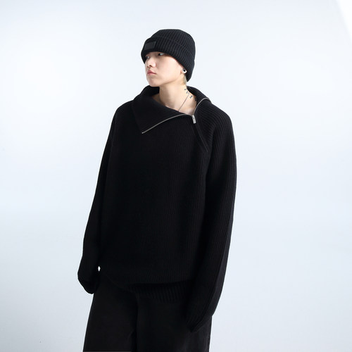 「GRNL」温暖遐想空间 男女同款可翻高领斜门襟拉链廓形针织毛衣