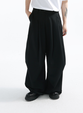 「GRNL」城市游牧 双扣调节多褶休闲阔腿长裤直筒大廓形西裤