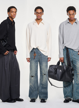 「GRNL」麦浪叙事 310G麦穗肌理提花针织小V领卫衣长袖POLO衫