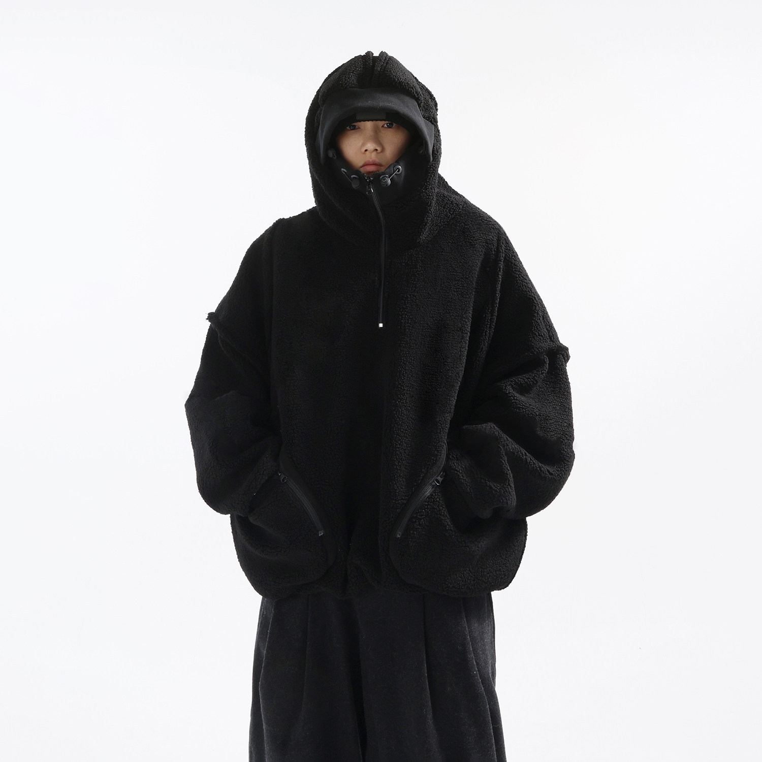 GRNL 黑匣独白 重磅廓形黑色加厚羊羔绒套头连帽卫衣外套,男装,夹克,淘宝优惠券,粉丝福利购,淘宝优惠卷