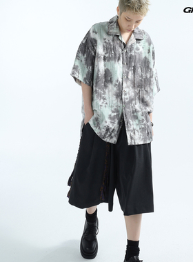 「GRNL」柔雾青苔 复古天丝提花褶皱肌理廓形男女衬衣 松石绿/黑