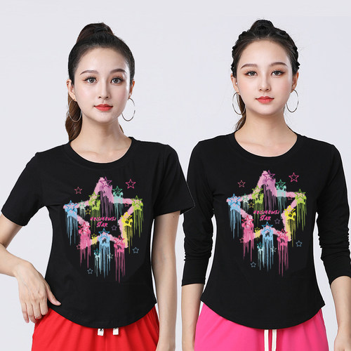 新款夏季女士广场舞服装舞蹈上衣跳舞服装休闲运动服健身衣螺纹棉