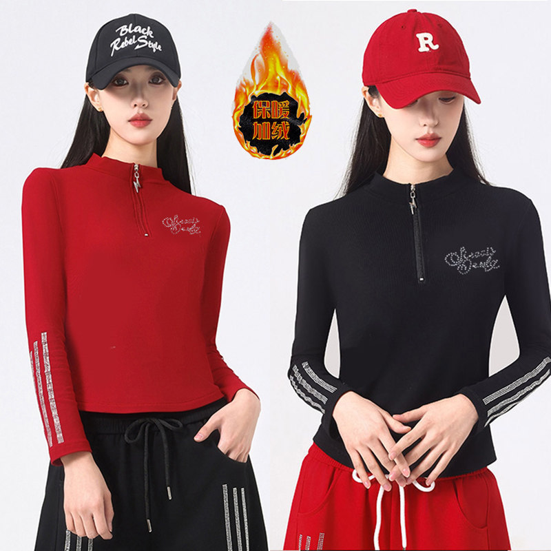 新款广场舞服装女士长袖上衣拉链运动舞蹈服时尚百搭烫钻上衣