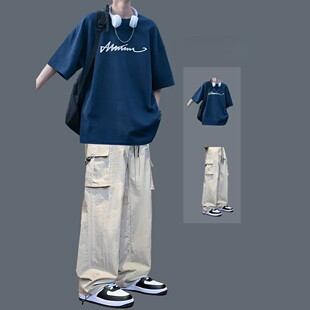 休闲运动套装男生潮流短袖T恤搭配薄款冰丝裤学生显高日常两件套
