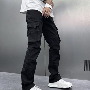 子 直筒宽松潮流痞帅长裤 欧美高端潮牌骑行机车机能拼接牛仔裤 男士