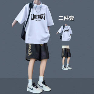 短袖套装男生T恤青少年潮流宽松运动休闲短裤酷帅一套穿搭两件套