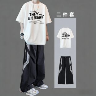 纯棉短袖t恤男生夏季休闲运动服套装青少年帅气初中高中学生潮流