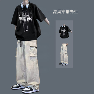 青少年纯棉短袖t恤套装夏季潮牌男装一套搭配帅气冰丝凉感休闲裤
