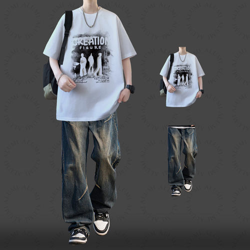 纯棉短袖T恤套装男装搭配牛仔裤