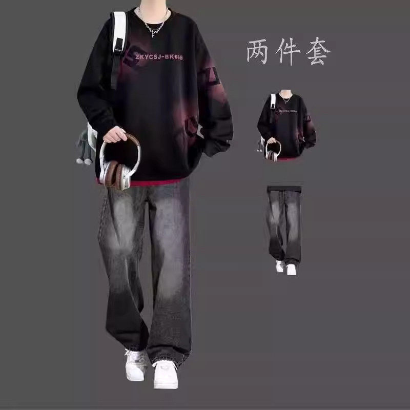 卫衣男款套装秋冬宽松无帽长袖t恤男生上衣潮牌搭配牛仔裤两件套,男装,休闲运动套装,淘宝优惠券,粉丝福利购,淘宝优惠卷
