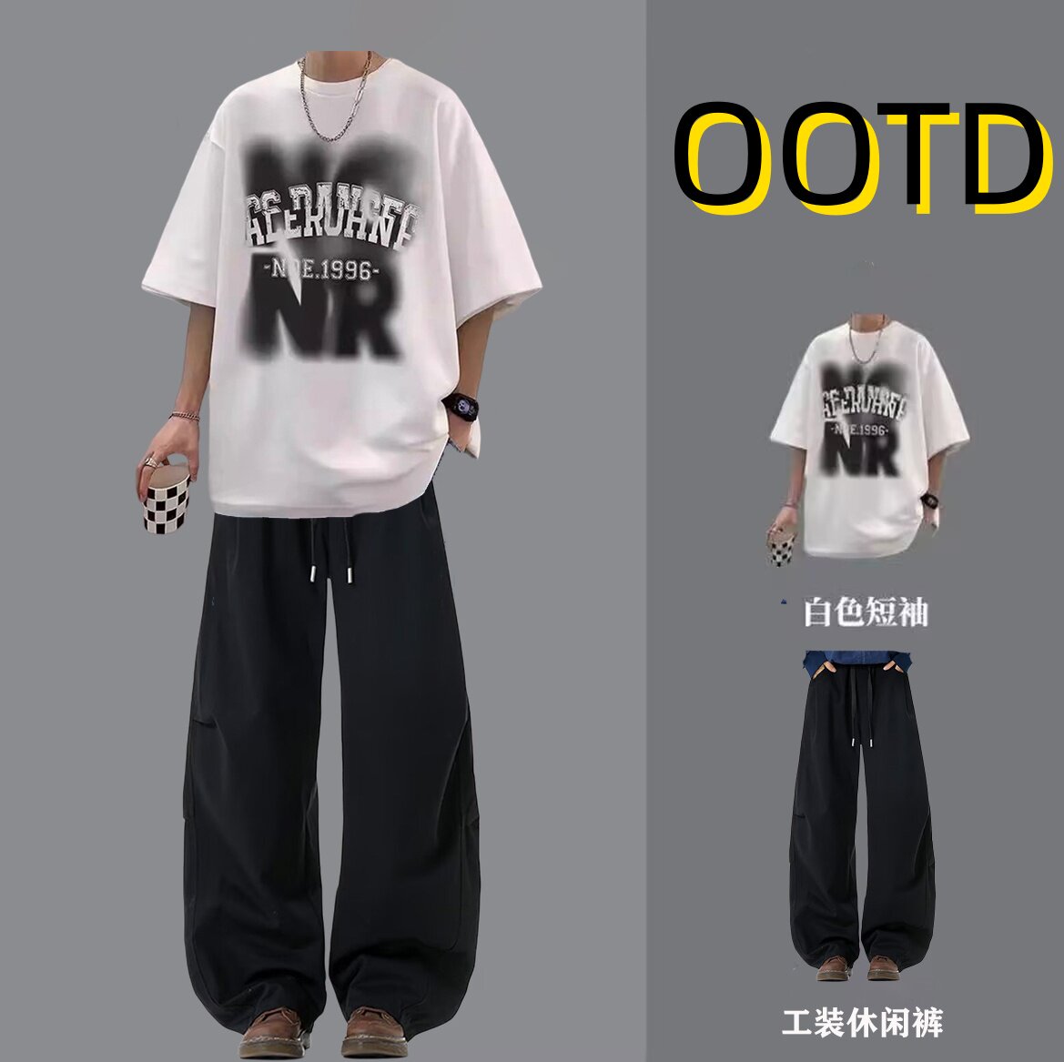 痞帅短袖T恤套装男款潮牌青少年港风ins潮流搭配弯刀工装裤两件套