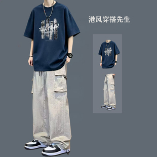 休闲运动套装男生潮流短袖T恤搭配薄款冰丝裤学生显高帅气两件套