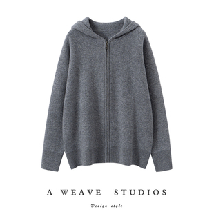 秋冬新款空气层连帽羊绒衫女宽松慵懒风毛针织开衫外套加厚羊毛衫