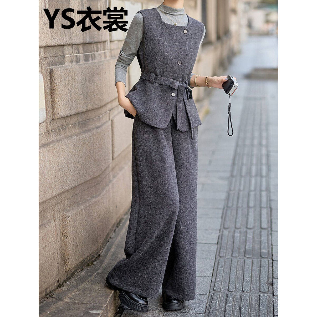 时尚高端西装马甲阔腿裤套装女2026春秋新款女神范气质收腰三件套