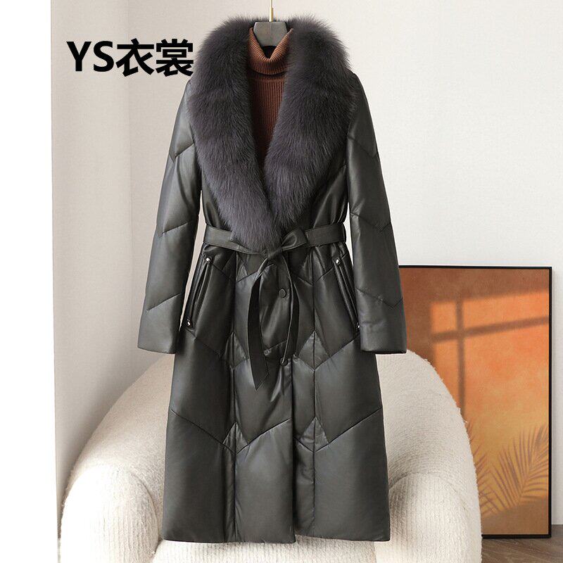 海宁真皮鹅绒服女长款大狐狸毛领收腰显瘦高级感绵羊皮羽绒服外套