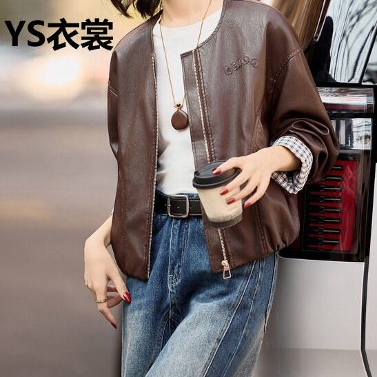 格纹拼接翻袖皮衣外套女2026春秋款小个子时髦休闲复古高端皮夹克