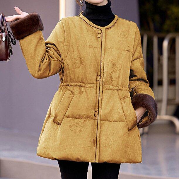 新中式国风提花羽绒服女冬季高端中长款收腰显瘦白鸭绒小个子外套