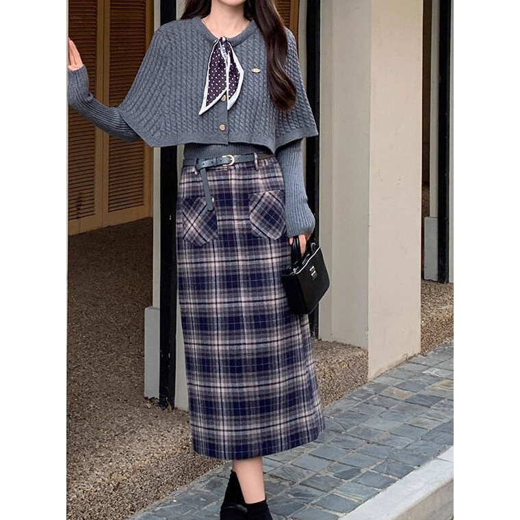 法式小香风针织斗篷套装裙女2026春秋新款高级感格纹半身裙三件套