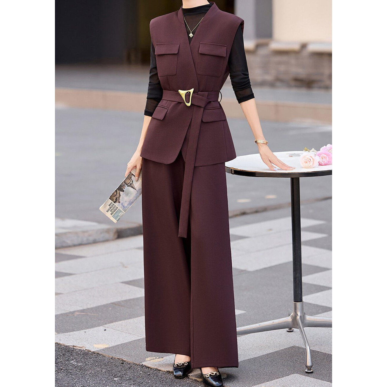 轻熟高奢设计感套装女2026春秋新款松弛感小个子马甲阔腿裤三件套