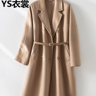 驼色双面羊绒大衣女士长款纯山羊绒宽松系腰带高端气质毛呢外套冬