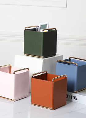 客厅桌面创意皮质方形笔筒北欧轻奢风黑色收纳筒北欧风杂物收纳筐