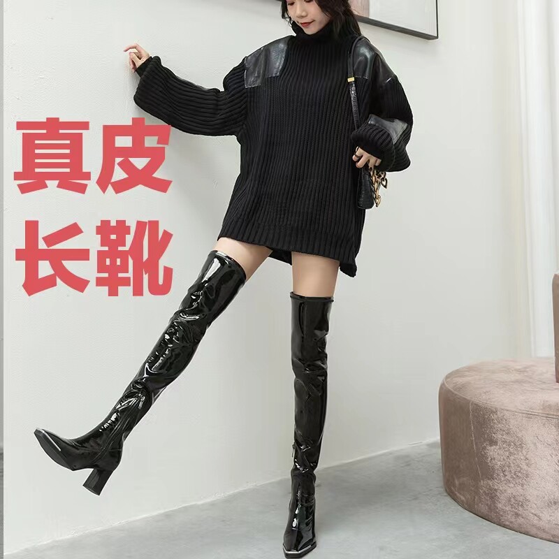 巨显瘦！肯豆欧美漆皮长靴女秋冬过膝靴弹力高跟加绒超长大腿靴60