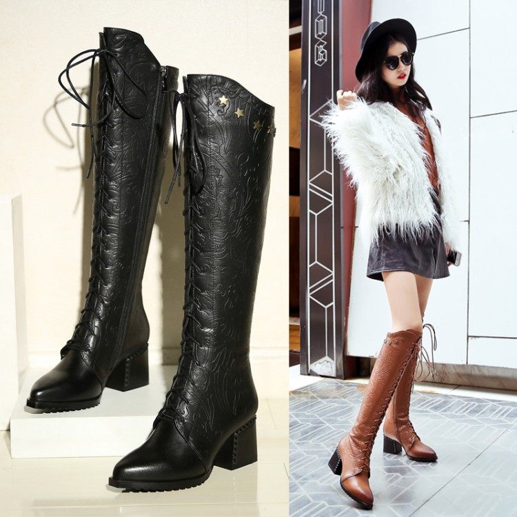 春秋长靴女加绒高跟女鞋粗跟马丁靴冬天棉鞋真皮过膝绑带棕色鞋子在类目 女鞋, 靴子中 - 来自Buy2taobao.com提供专业的淘宝代购服务